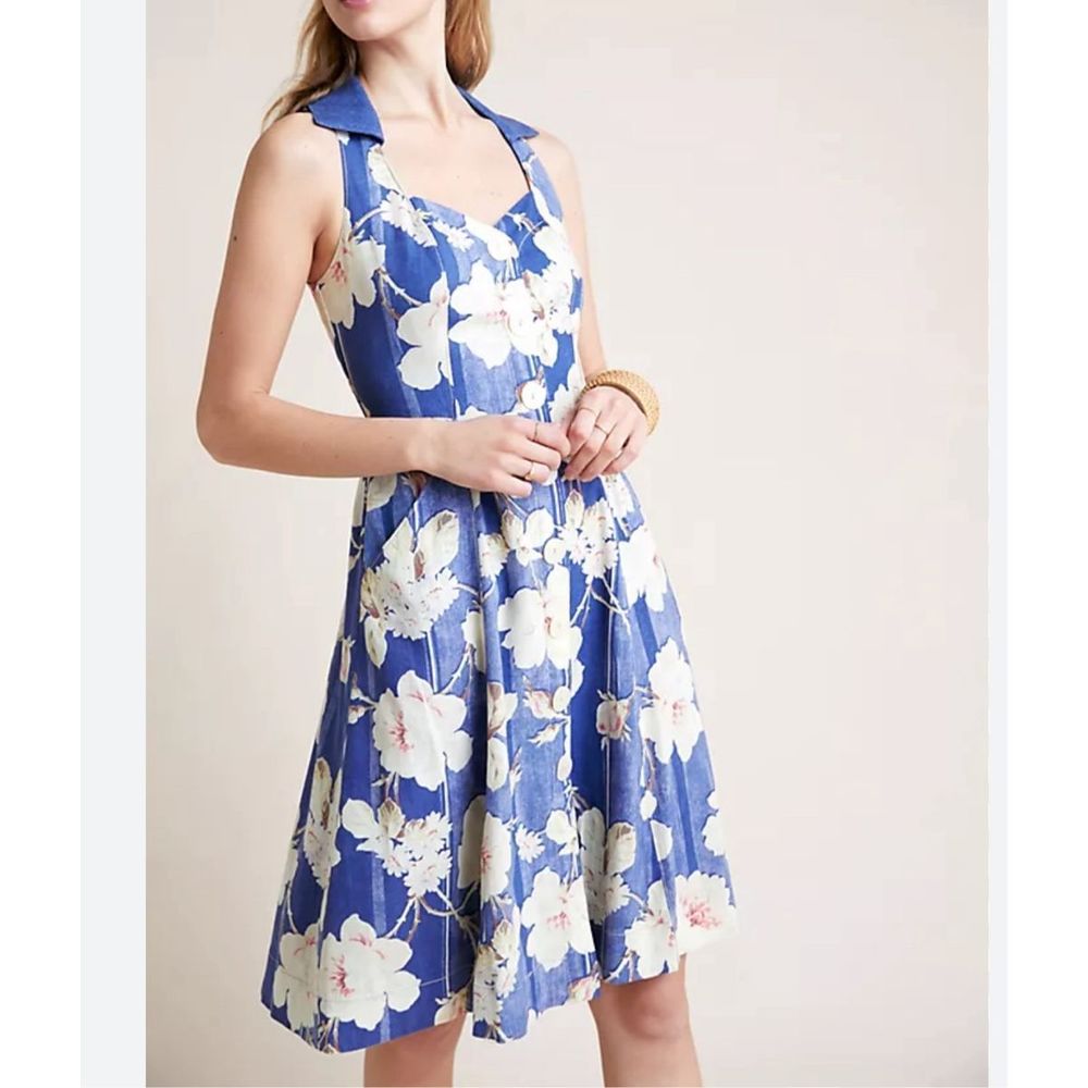 Anthropologie Blue Floral Midi Dress